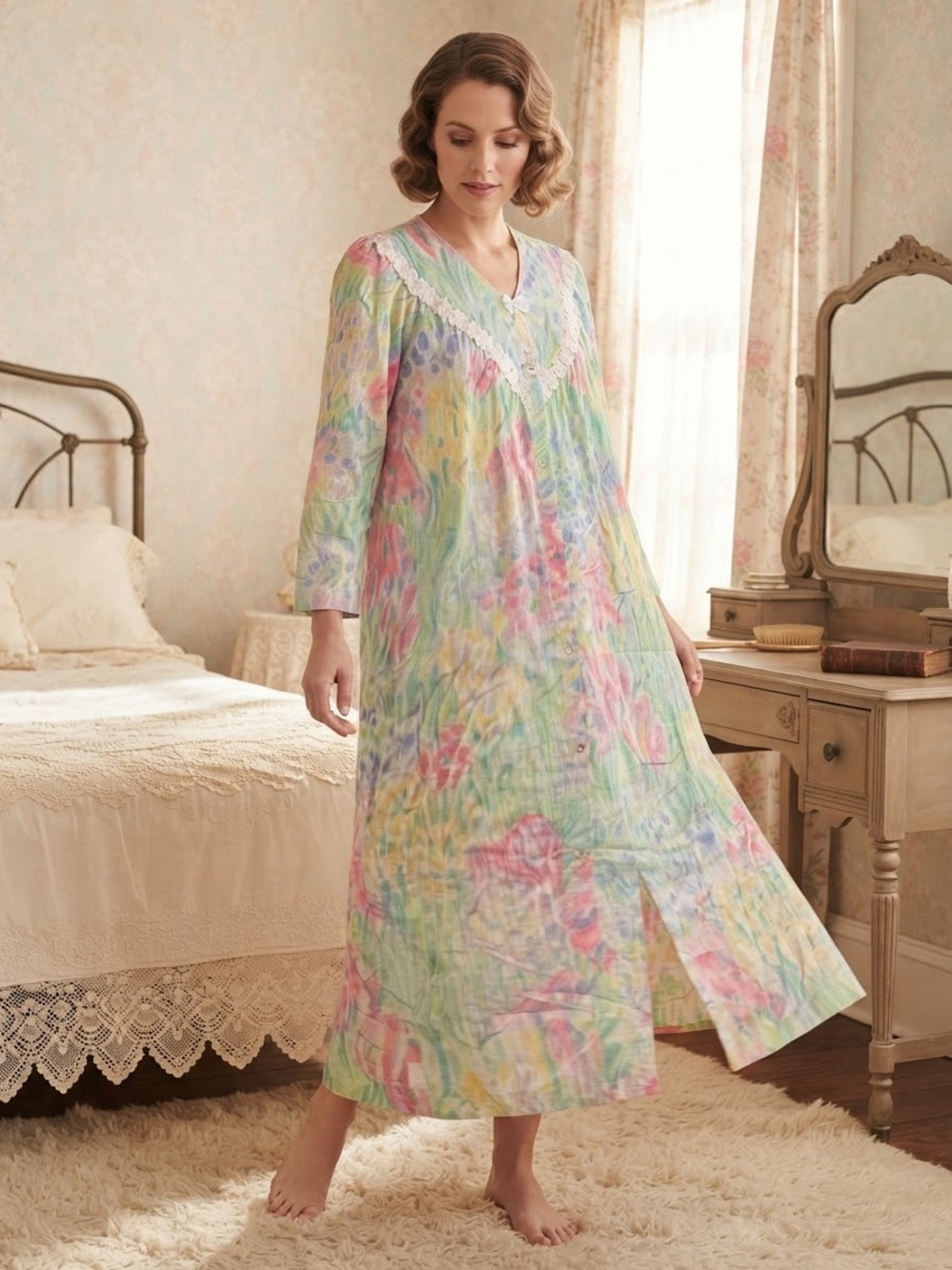 Vintage Appel Pastel Floral Watercolor Housecoat Robe Lace Trim